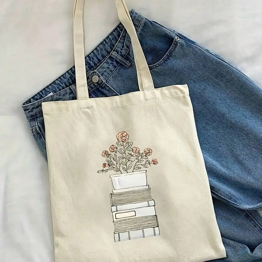 

Retro Canvas Tote Bag With Book And Rose Print Vintage Floral Design For Shopping Gym Casual Use