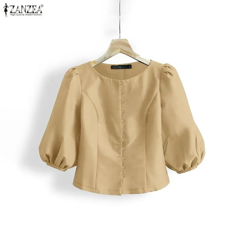 

Женские элегантные атласные шелковые короткие рубашки с рукавами-фонариками 3/4, с круглым вырезом, на пуговицах, однотонные блузки ZANZEA, летние вечерние блузки для женщин
