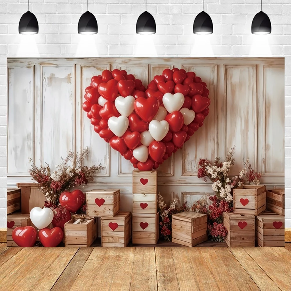 Valentine's Day Photography Background Love Heart Balloons Wooden Boxes Interior Couple Portrait Photo Backdrop Photo Studio