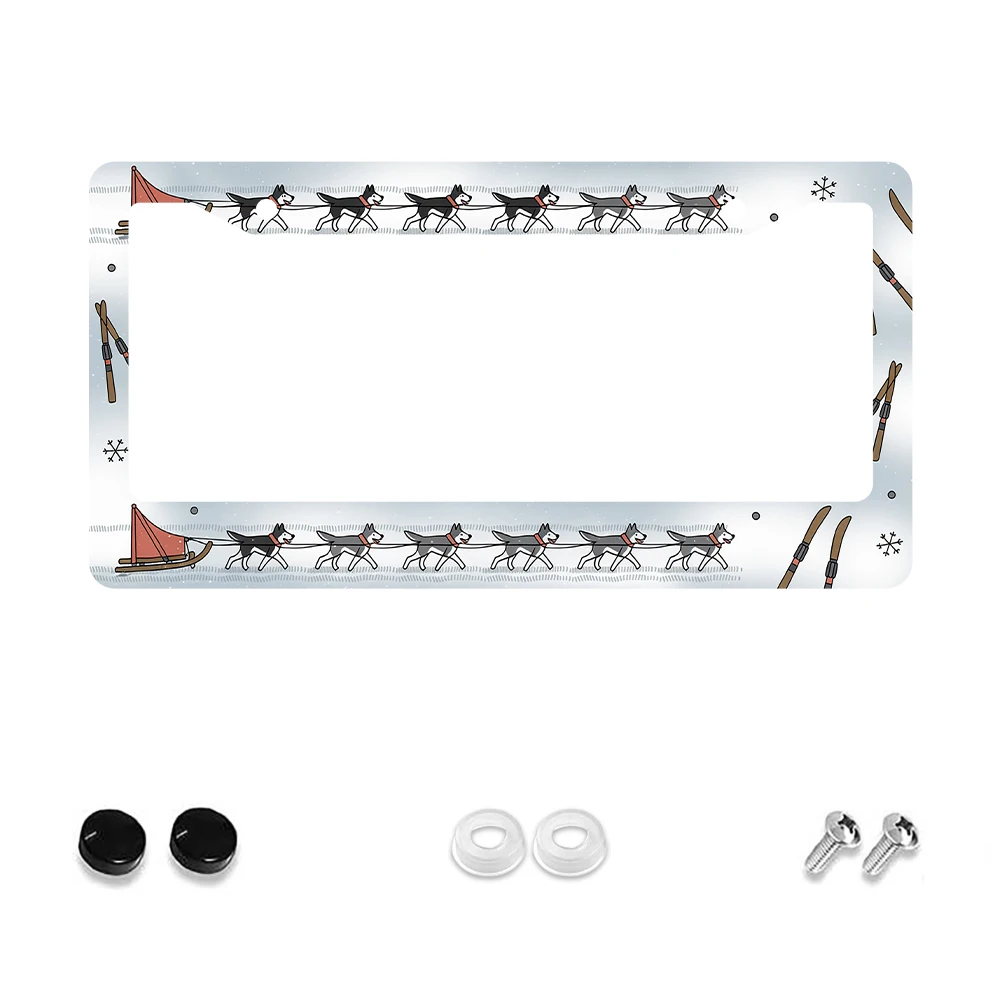

1pc White Color 2-Hole License Plate Frame with Sled Dogs Pattern, Aluminum Material, 6x12 Inch, Includes Screw Fits Standard