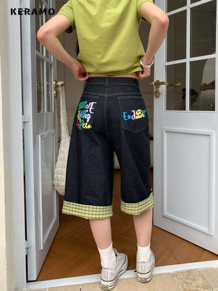 Y2K Style Harajuku Plaid Patchwork jean femme décontracté 2000S mollet longueur pantalon 2025 été Punk rue Baggy Denim pantalon