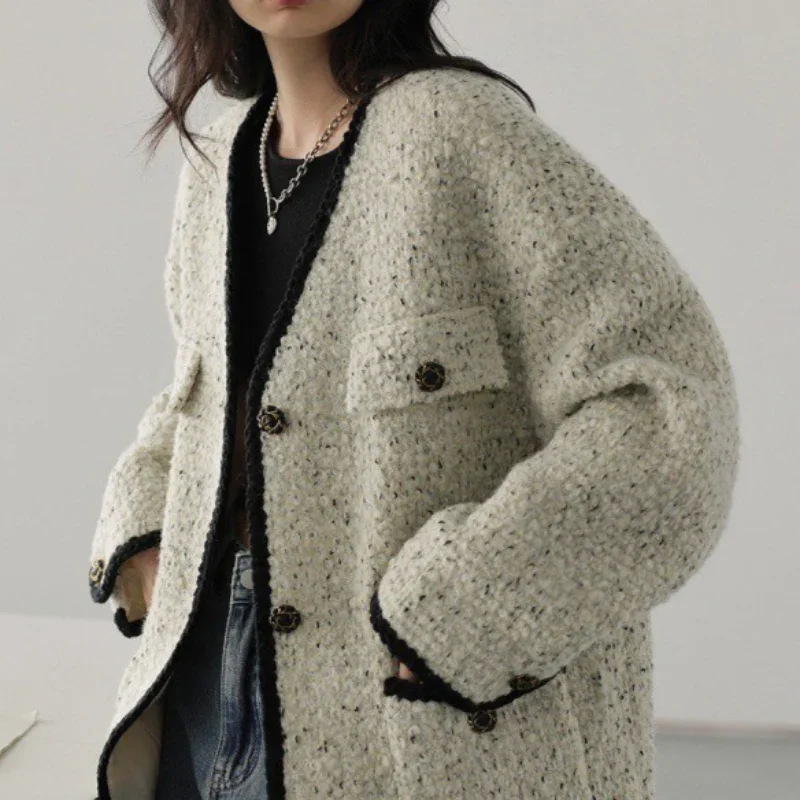 

Модное женское шерстяное пальто, однобортная винтажная куртка с v-образным вырезом, офисное женское пальто, женские топы, весна-осень 2025