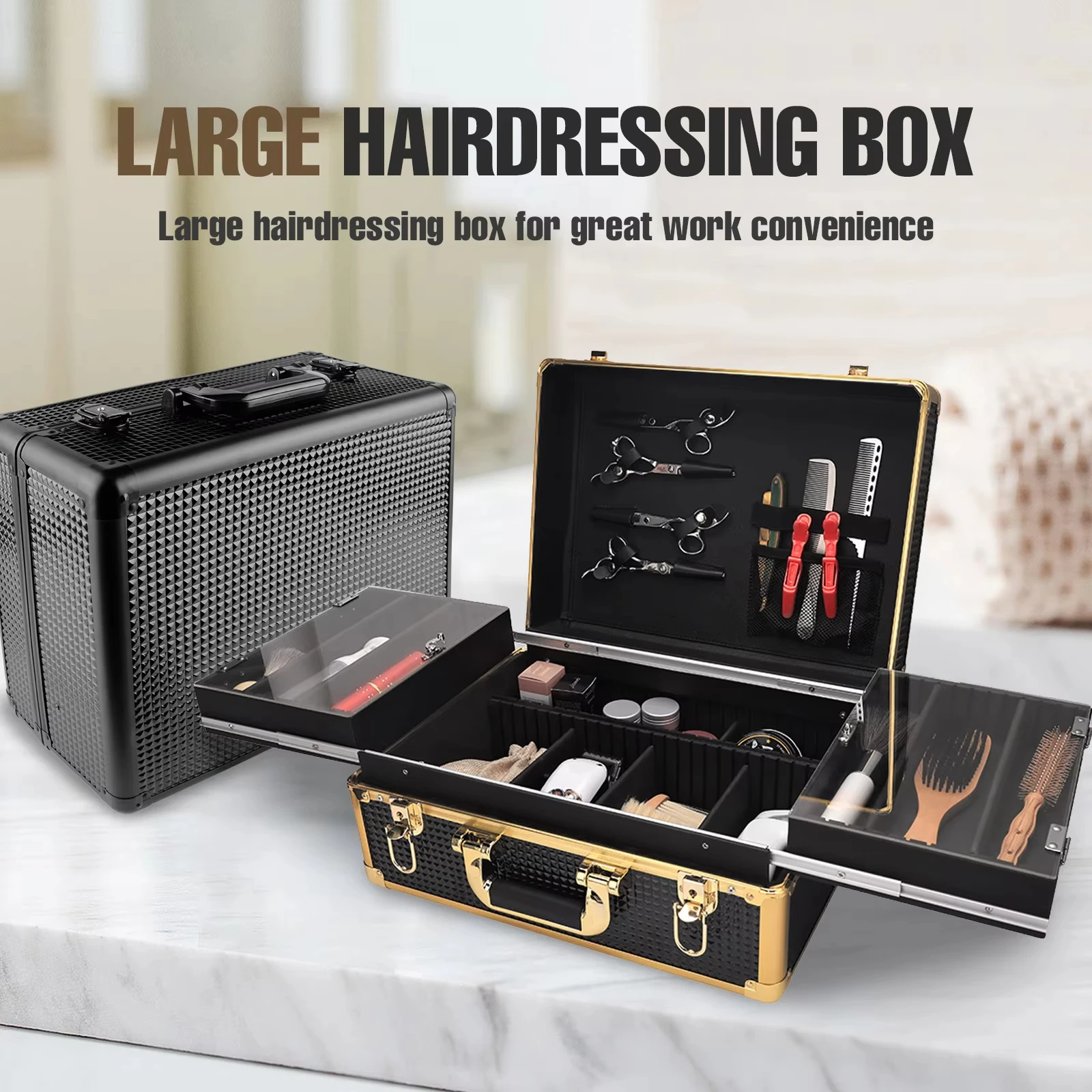 

Large Capacity Aluminum Barber Storage Suitcase Multi-Layer Hair Styling Accessories Organizer with Lock for Hairdressing Tools