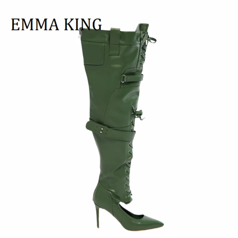 Women Dark Green Lace Up Boots Sexy Pointy Toe Stiletto Heel Knight Boots Buckle Strap Decor Over The Knee Boots Customized 44