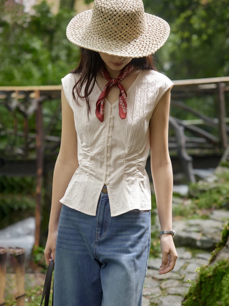 

Женская винтажная плиссированная блузка Solighter с V-образным вырезом и утяжкой на талии, летняя коллекция 2025, новинка, с эффектом помятости, из хлопка и полиэстера