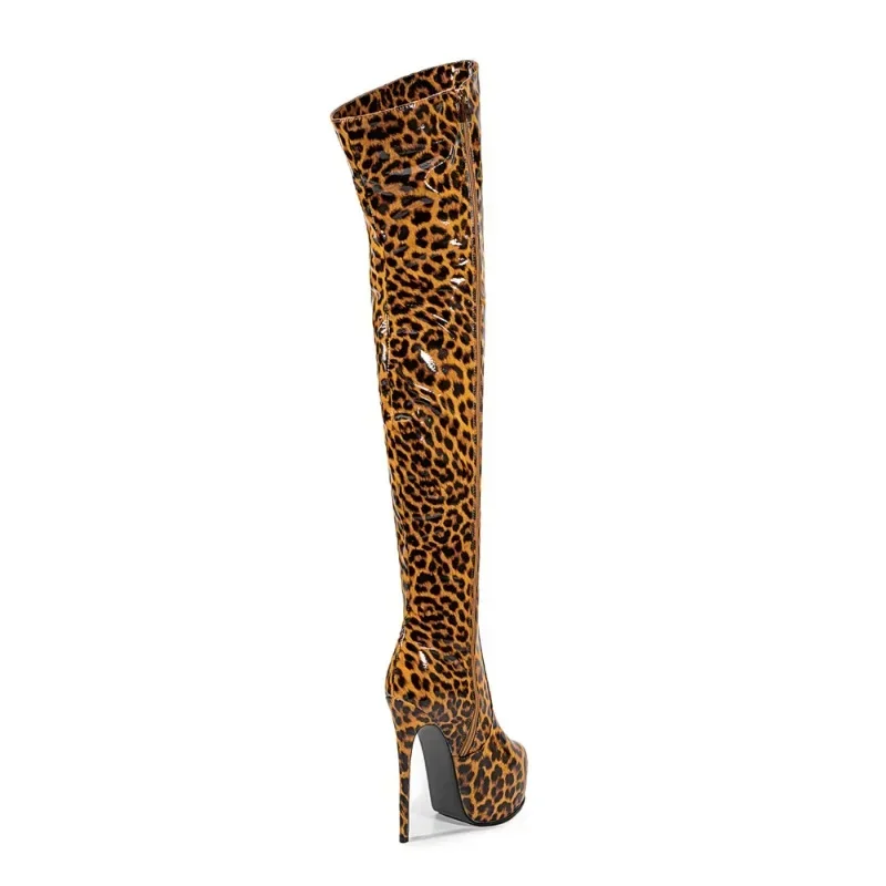 European and American Sexy High-heeled Thick Soled Leopard Print Knee High Boots for Women\'s Nightclub Steel Pipe Dance Boots