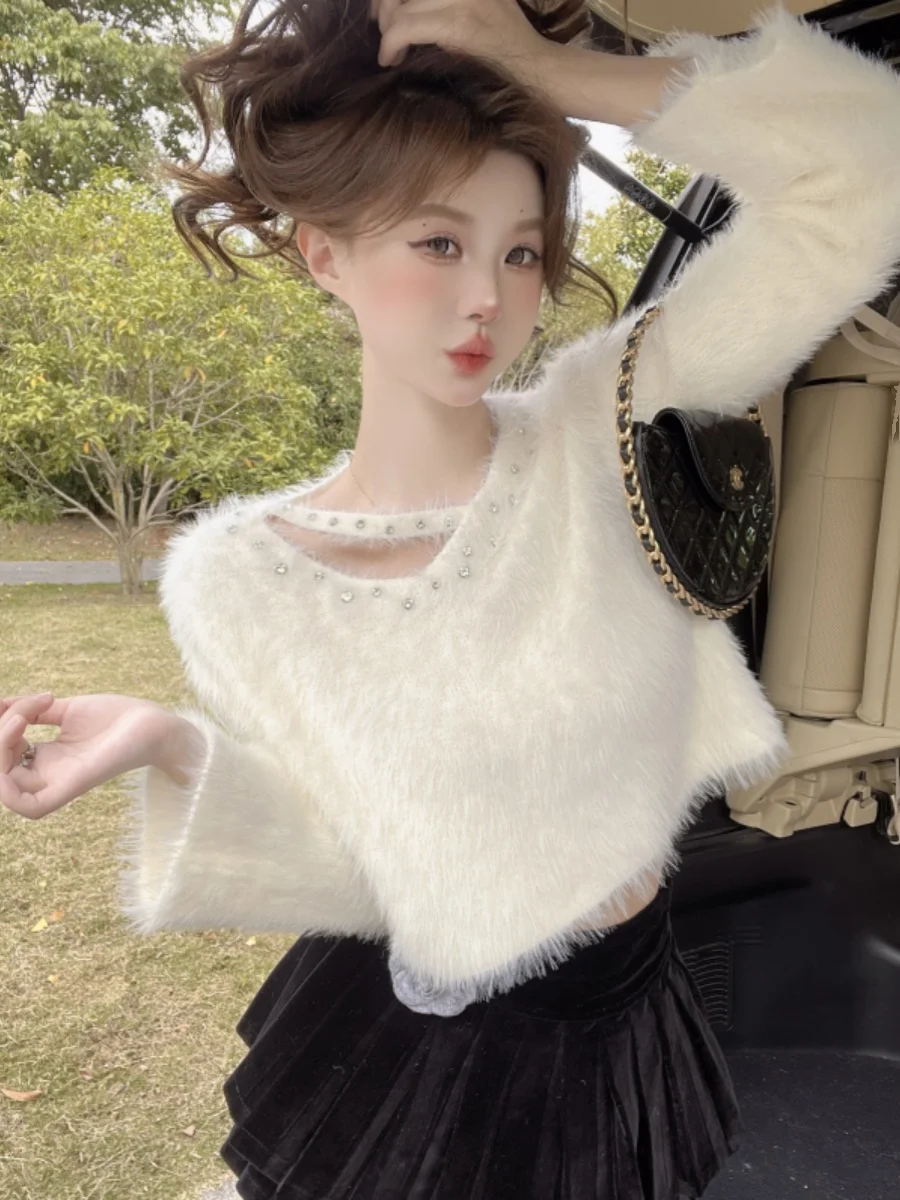 

Женская осенне-зимняя вязаная базовая кофта Pure Desire V-Ne Hanging Ne Faux Mink с V-образным вырезом, украшенная стразами, для повседневной носки