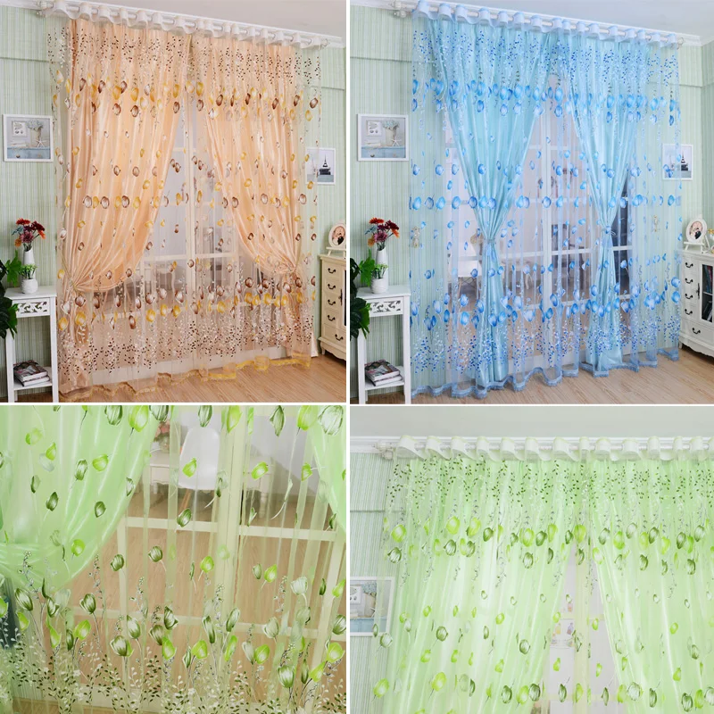 1PC 1M*2M Window Curtains Sheer Voile Tulle for Bedroom Living Room Balcony Kitchen Tulip Pattern Sun-shading cortinas rideaux