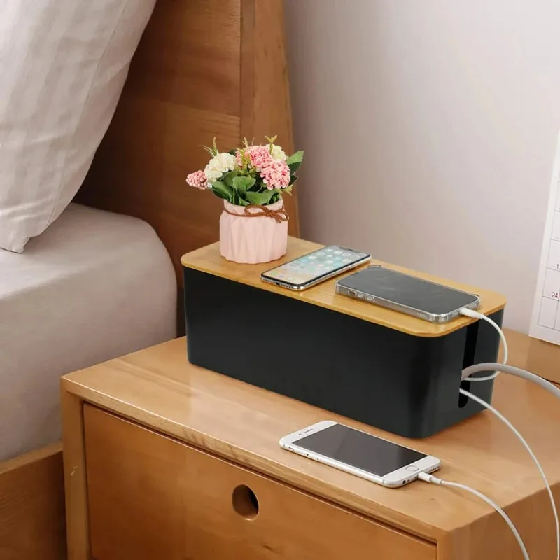 Caja de Almacenamiento de Cables de Madera, Organizador de Cables a Prueba de Polvo para el Hogar, Enrollador de Cables, Estuche para Cables para una Gestión Ordenada de los Cables