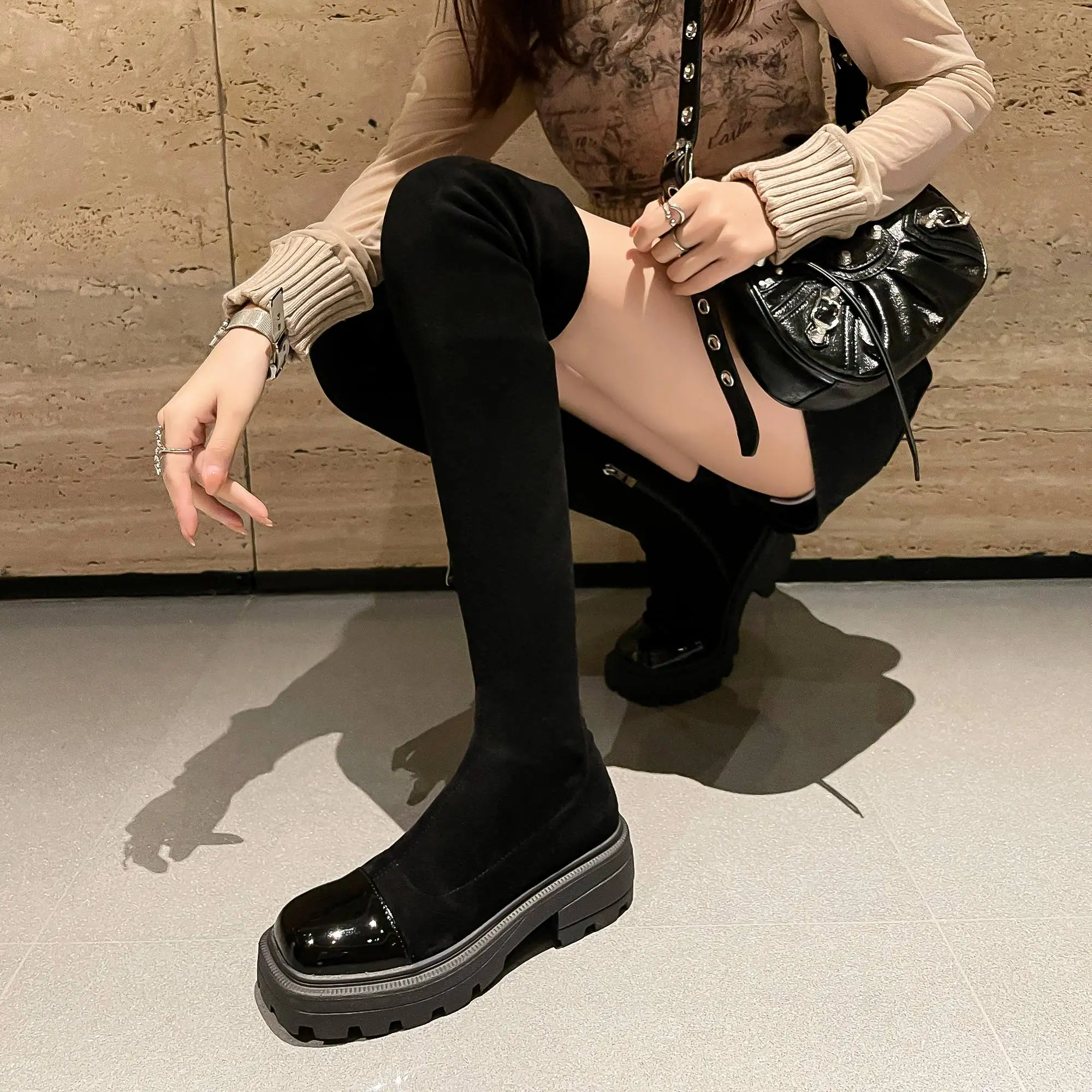 Krazing Pot Gladiator Cow Leather Round Toe Super High Heels Winter Warm Elastic Boots Model Wear Waterproof Over-the-knee Boots