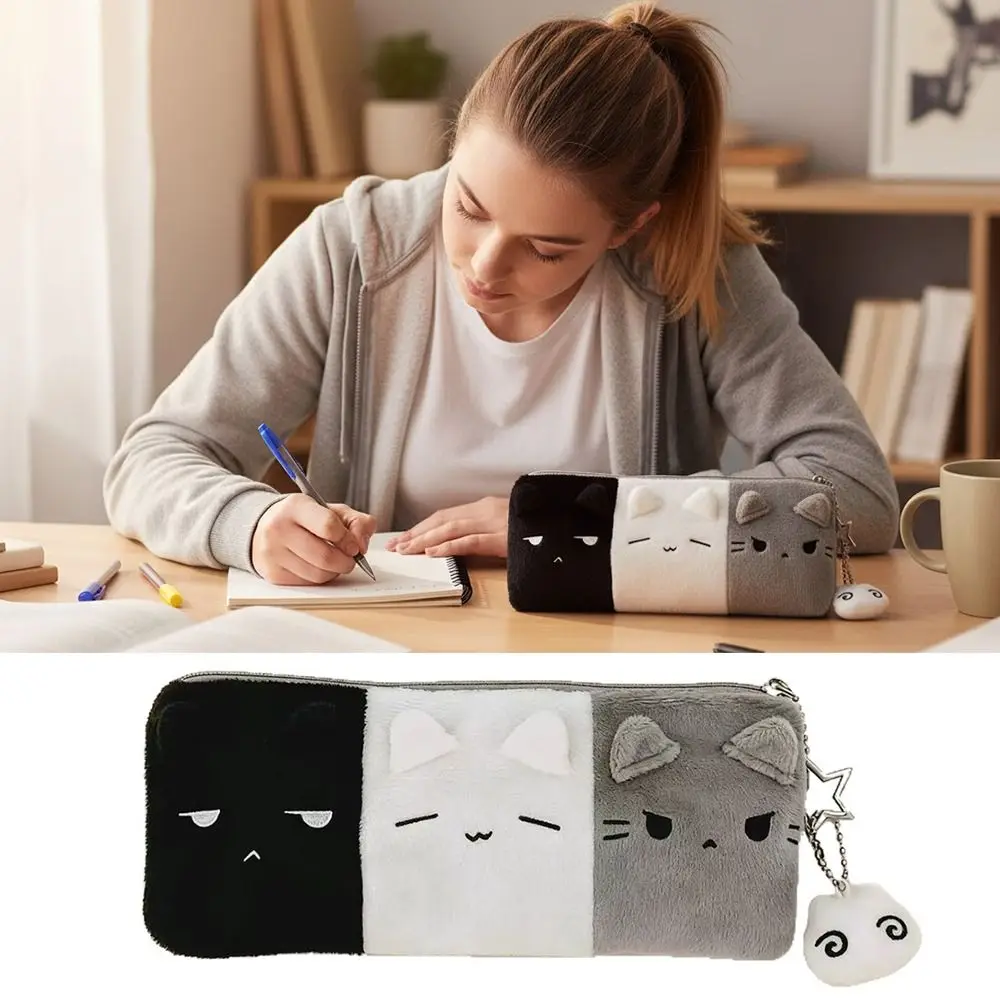 Multi-functional Pen Bag Kitten Black White Grey Stationery Pouch Large Capacity Portable Pencil Case School Supplies