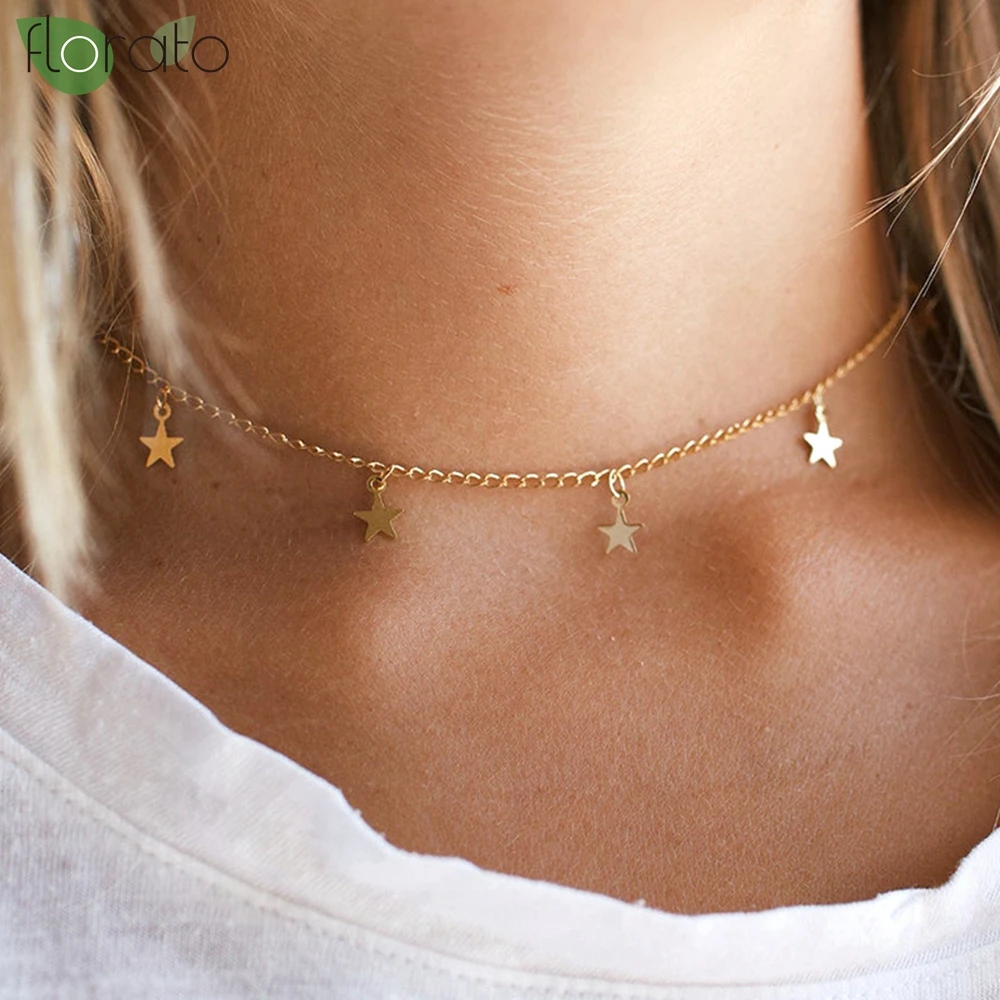 

925 Sterling Silver Necklace Fashion Gold star Tassel Necklace for Women Charming Pendant Chain Choker Bijoux Collar Jewelry