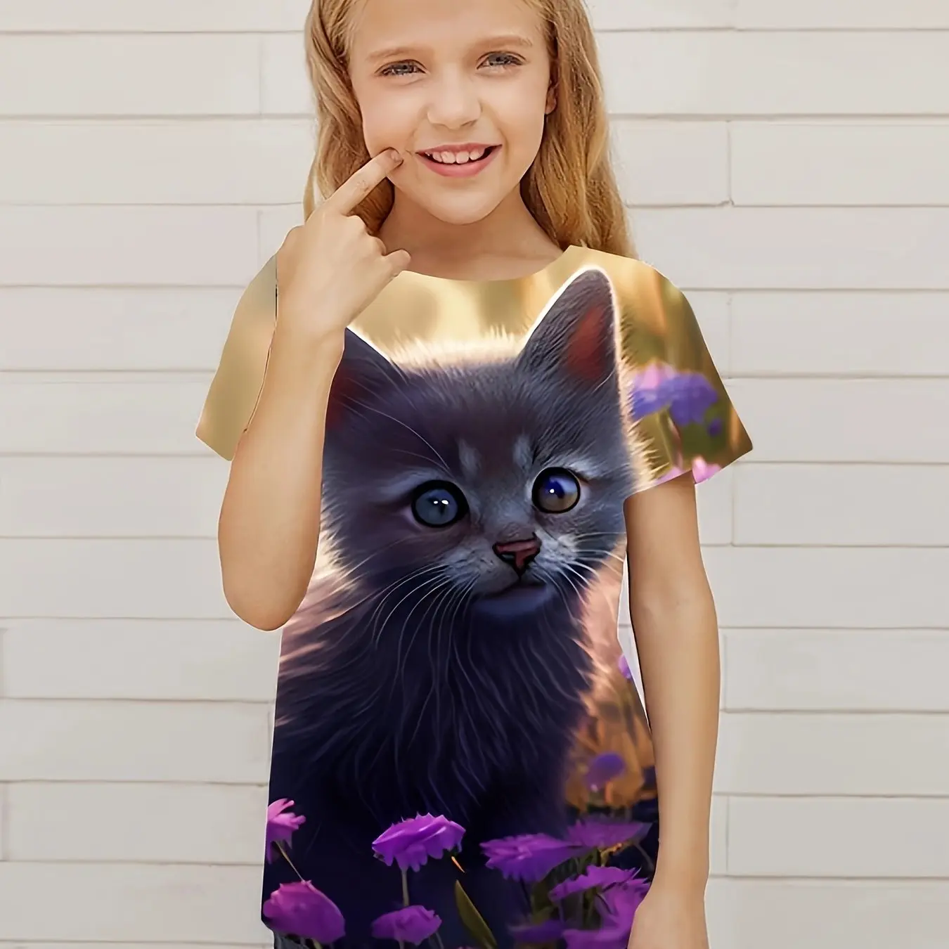 Adorable Kitten Graphic Print Kids T-Shirt Crew Neck Short Sleeve Tops Casual T-Shirt for Children Girl Summer Outdoor Sports