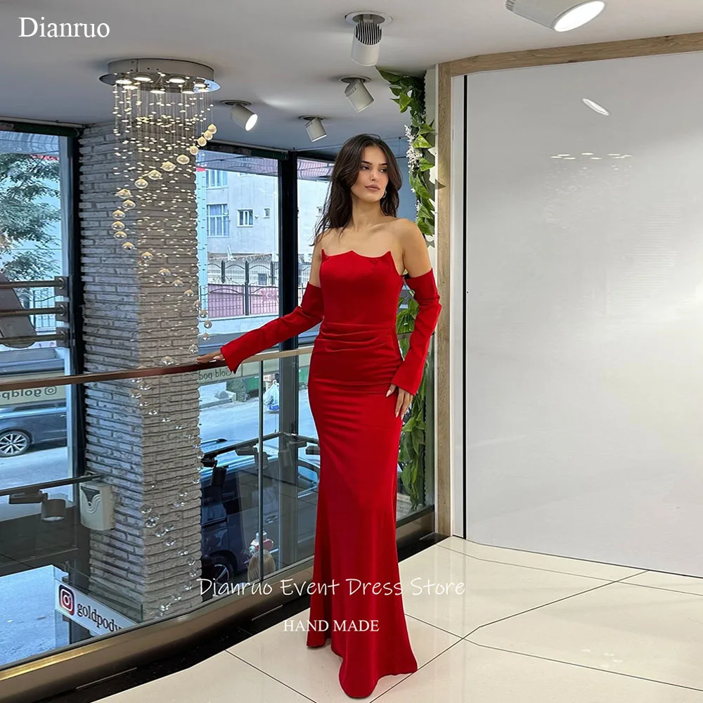 

Dianruo Red Ruched Bodice Evening Dresses Strapless Mermaid Guest Dresses Floor Length High Quality Robes De Cocktail Customized