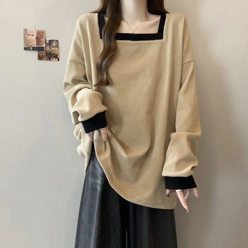 

Футболка контрастного цвета, теплая модная нижняя рубашка, топ с длинными рукавами в корейском стиле, высококачественный квадратный воротник, новый стиль