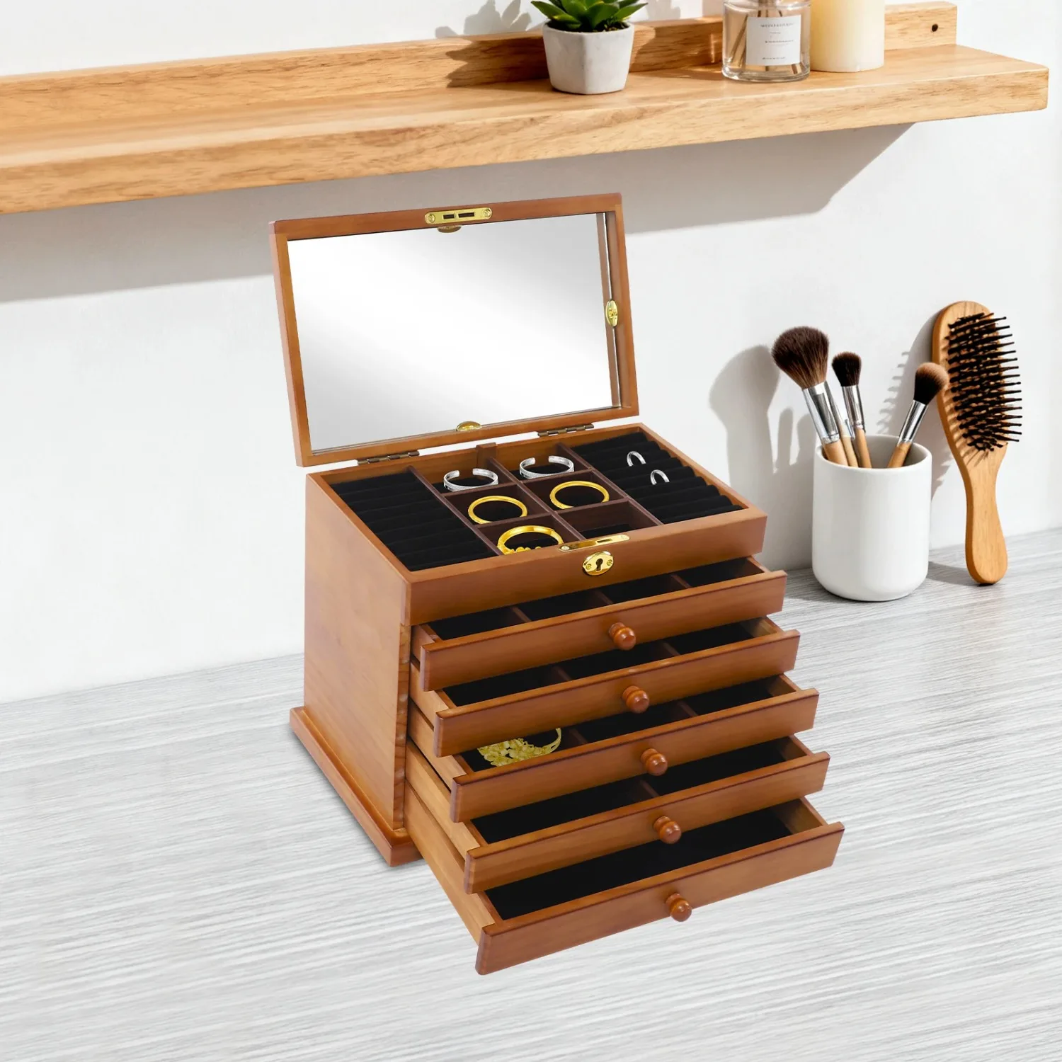 

NEW 6Drawers Wooden Jewellery Box W/ Drawers, Built-in Mirror, Removable, Velvet Fabric, Four-Leaf Adhesive Carving Pattern