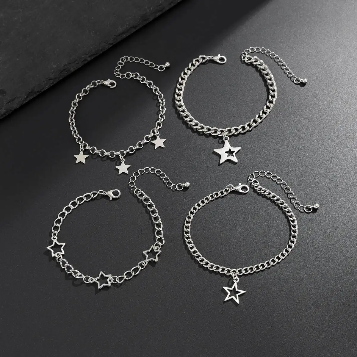 4 Pcs/Set Silver Color Metal Five-Pointed Star Pendant Bracelets for Men Trendy Creative Punk Steampunk Jewelry Gift Set