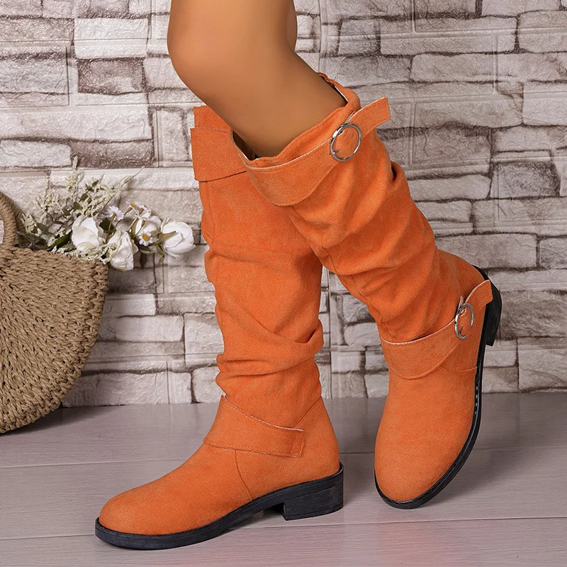 

Шикарные длинные сапоги с регулируемой пряжкой для женщин, сапоги до середины икры на толстом каблуке с флисовой подкладкой, женские сапоги цвета хаки из искусственной замши, большие размеры Botas Mujer