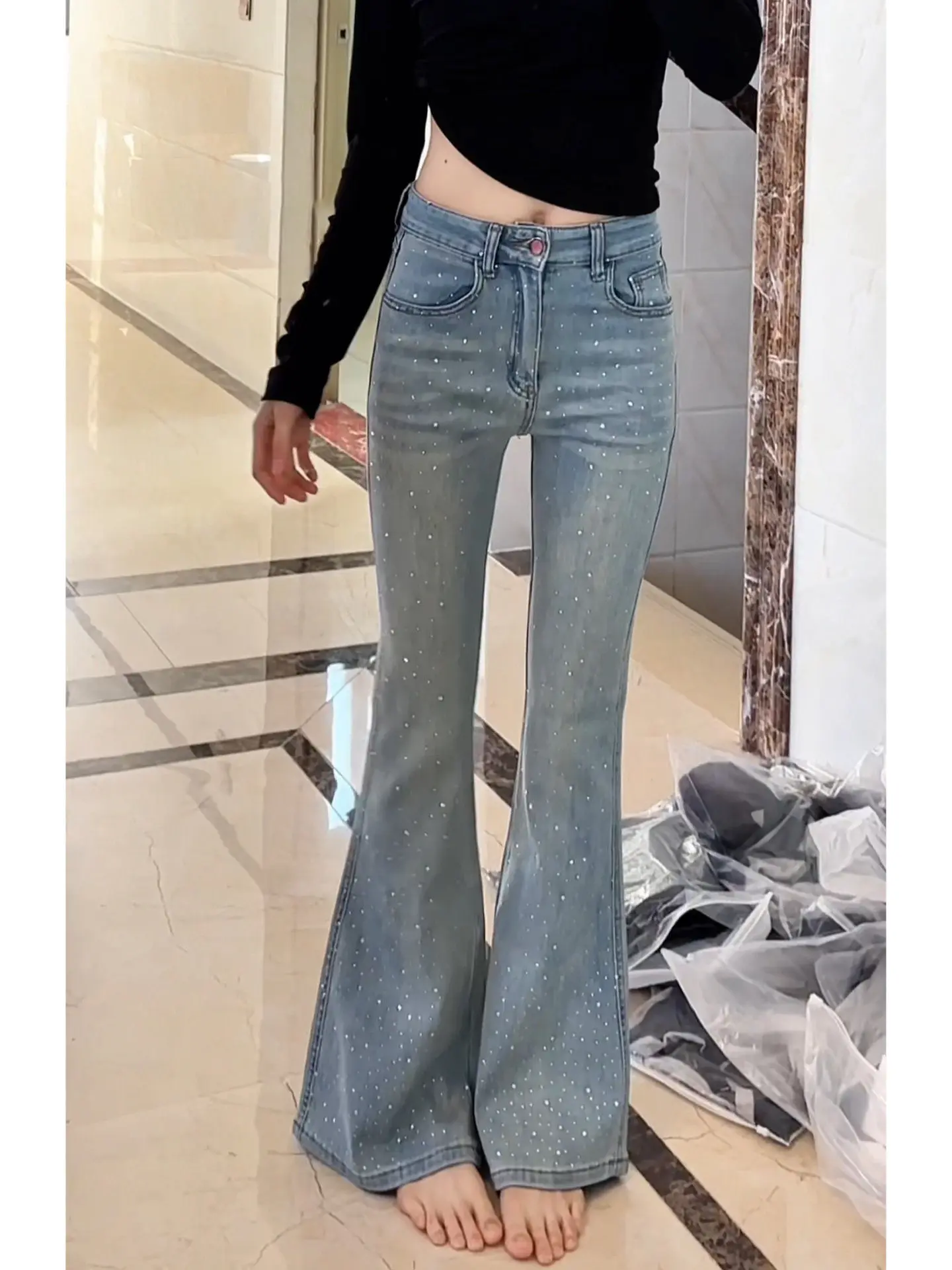 

Весна 2026: Женские джинсы с высокой талией, расклешенные, с вышивкой звезд и стразами, буткат, утягивающие, в корейском стиле