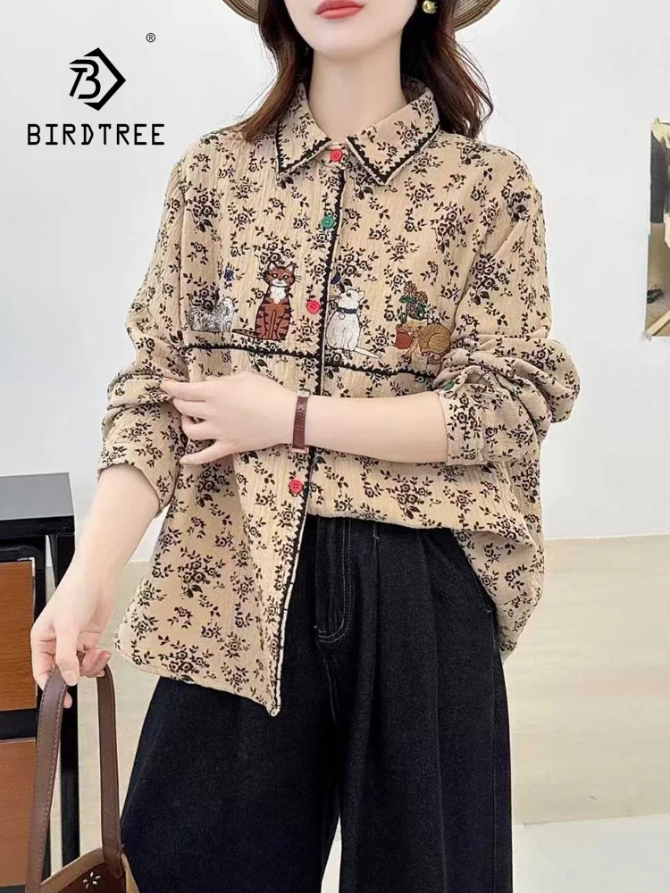

New 2025 Winter Cotton Yarn Long Sleeve Shirt, Women Lapel Print Embroidery, Mori Girl Vintage OL Casual Loose Blouse T5D251CC