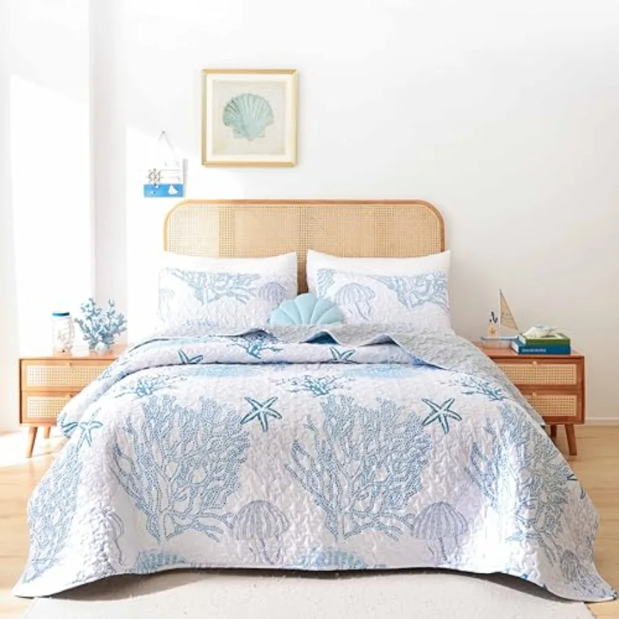 

Комплект постельного белья Coastal Quilts King Size - Синее летнее морское одеяло с наволочками, двусторонний пляжный комплект-одеяло, покрывало