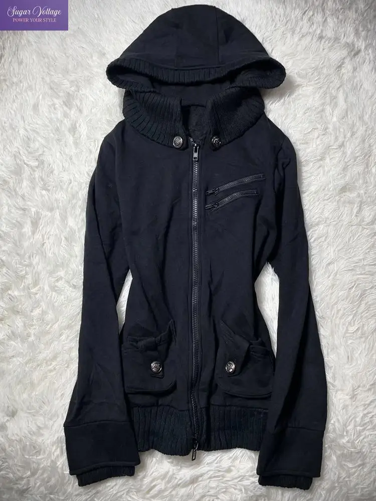Korean Vintage Workwear Zip Up Hooded Jacket Women Multiple Zipper Pockets Button Ribbed Trim Slim Coat Y2K Alt Dark Streetwear