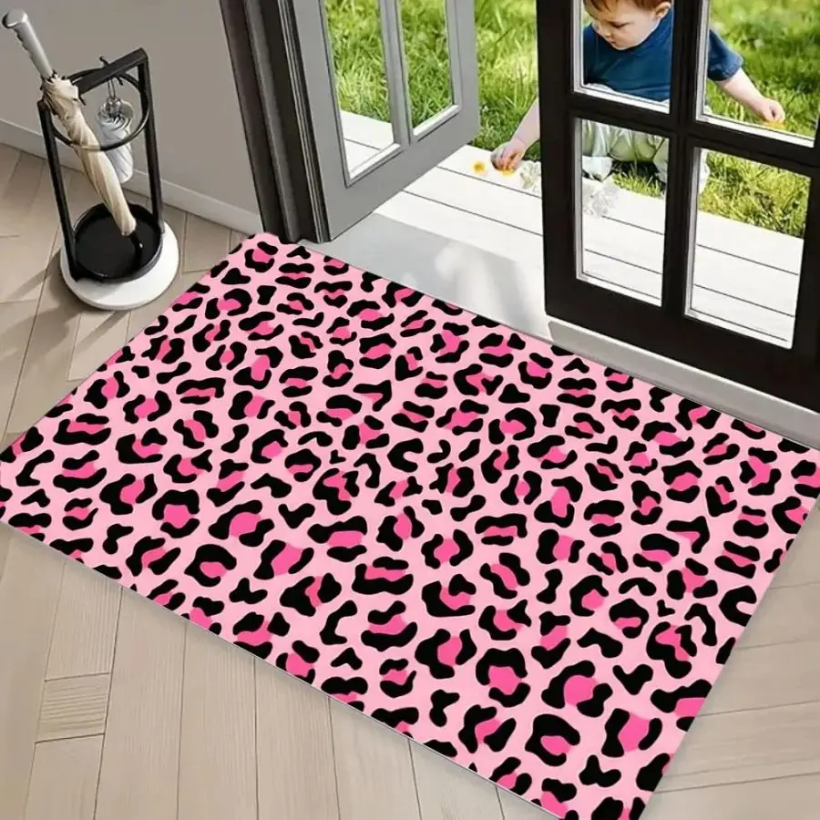 VIKAMA Pink Leopard Print Faux Fur Cheetah Area Rug Non-slip Washable Front Door Doormat
