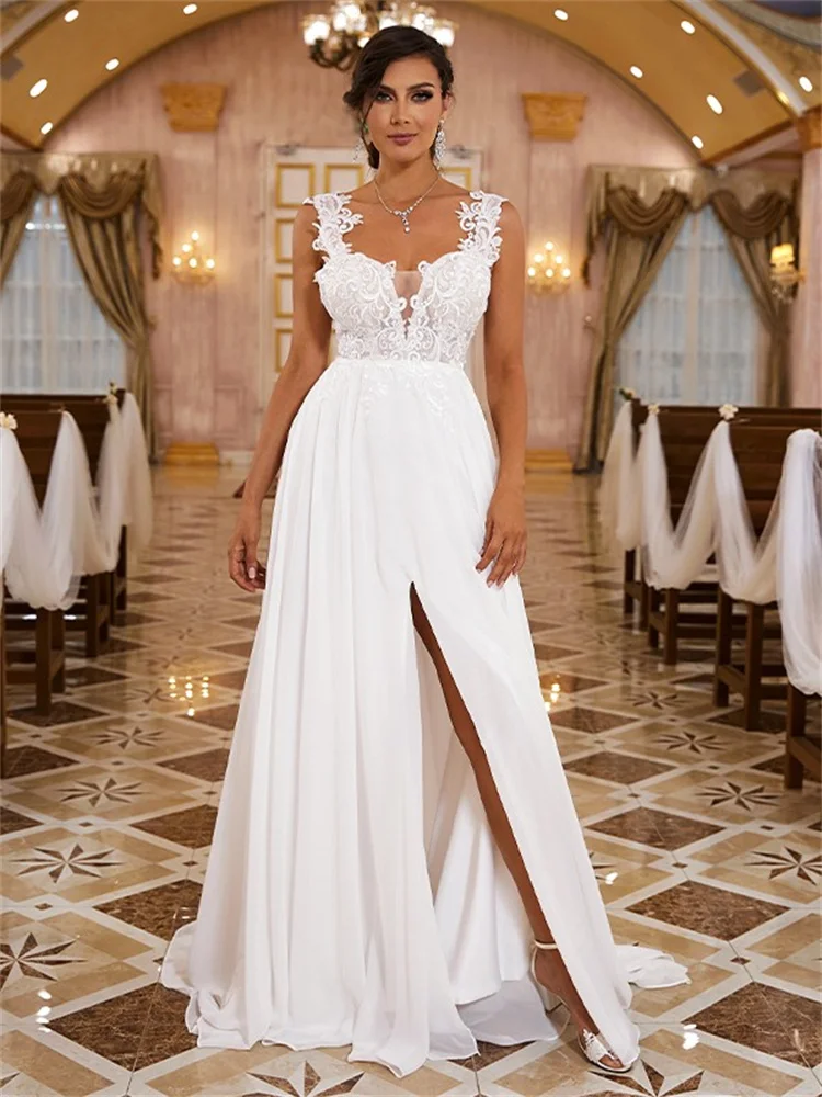 

Hot Selling Chiffon Applique Straps Sleeveless A-Line Wedding Dress Elegant Open Back Floor Length Sweep Train Gowns For Bride