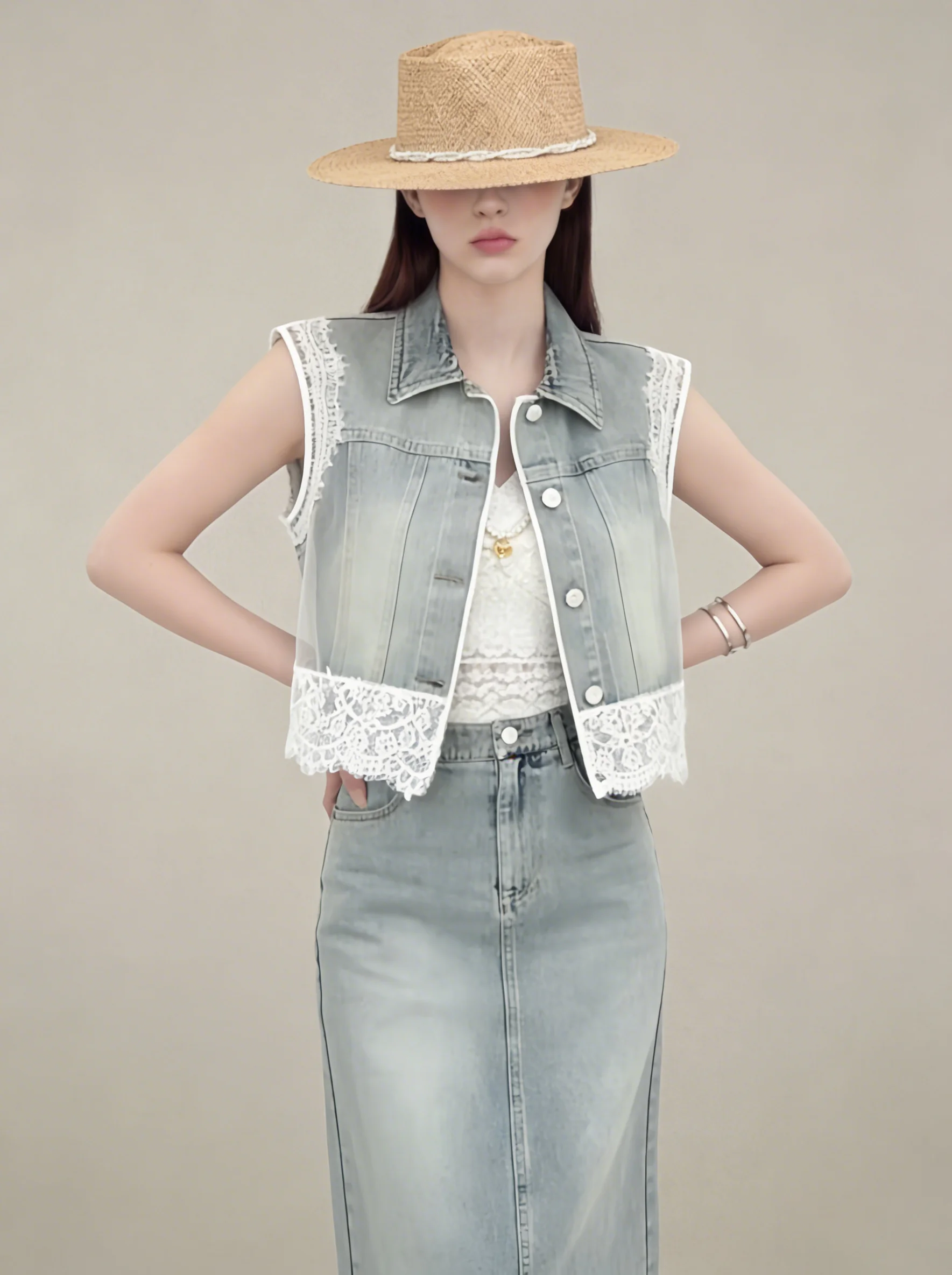 

Lace Trimmed Patchwork Collar Denim Vest Skirt Set Women Summer New Style Casual Loose Fit High Waist Button up Two Piece Outfit