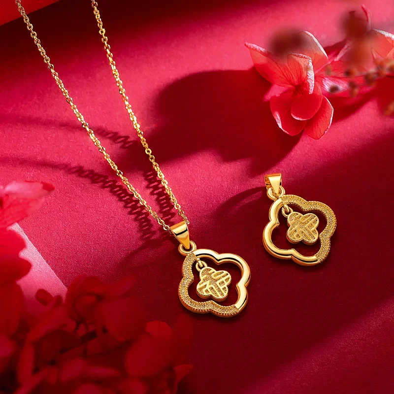 9999 Real Gold 24K Antique Four-leaf Clover Fu Brand Necklace, Gold Four-leaf Clover Fu Character Fu Brand Collarbone Chain