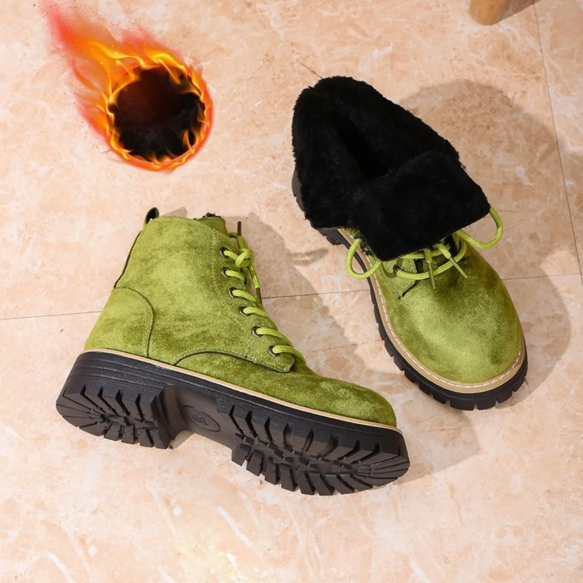 

Women's Winter New Warm Round Head Solid Color Fashion Short Boots with Velvet, Outdoor Side Zipper At Rear Bottom Size 36-43