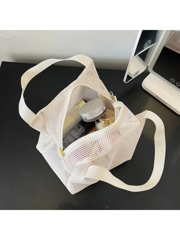 1pc Large Capacity Mesh Bag with Handle Travel Toiletry Makeup Bag Portable Beach Bag Cosmetic Zipper Pouch