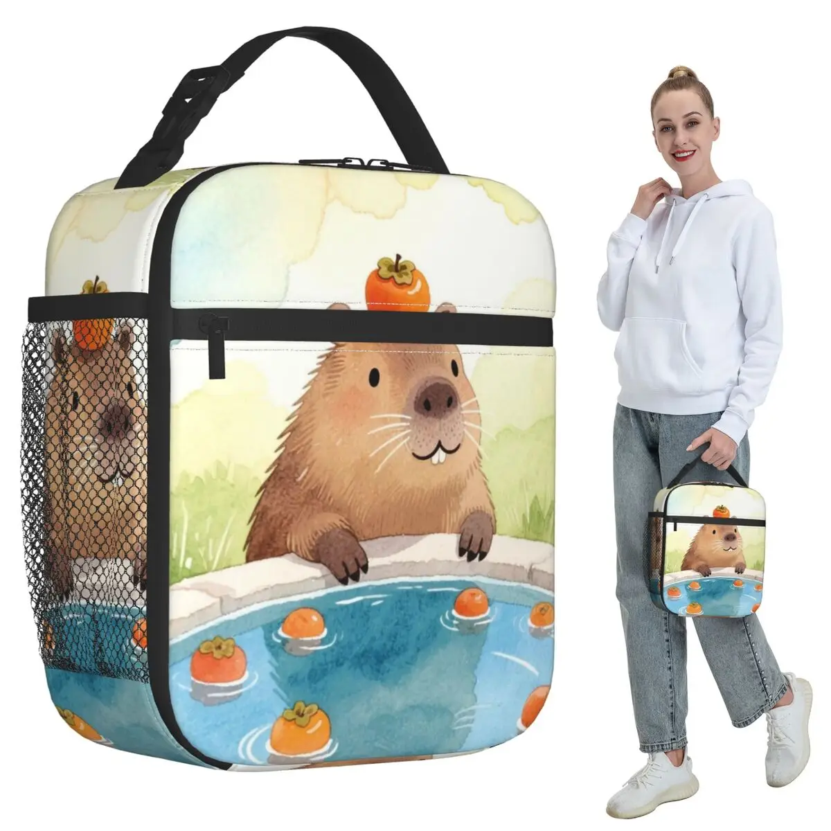 

Термосумка для обедов с изображением капибары и горячих источников, изолированная, для детей, портативный контейнер для еды, сумка-холодильник