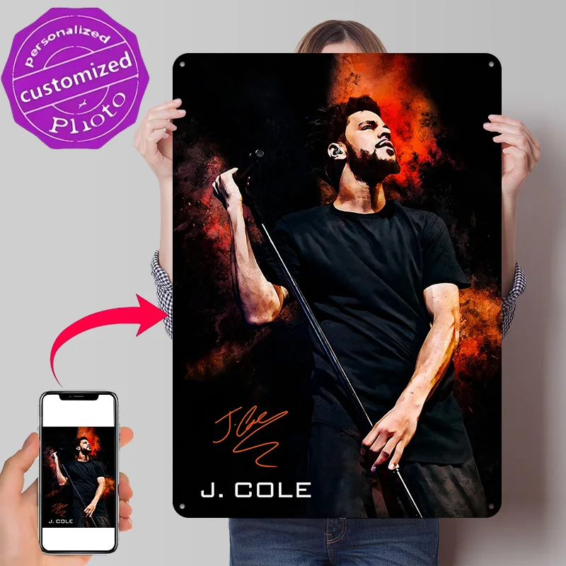 J. Cole Portrait With Signature Metal Poster Perfect Gift for Fans Lovers Customized Wall Art Metal Sign for Bedroom Decorations