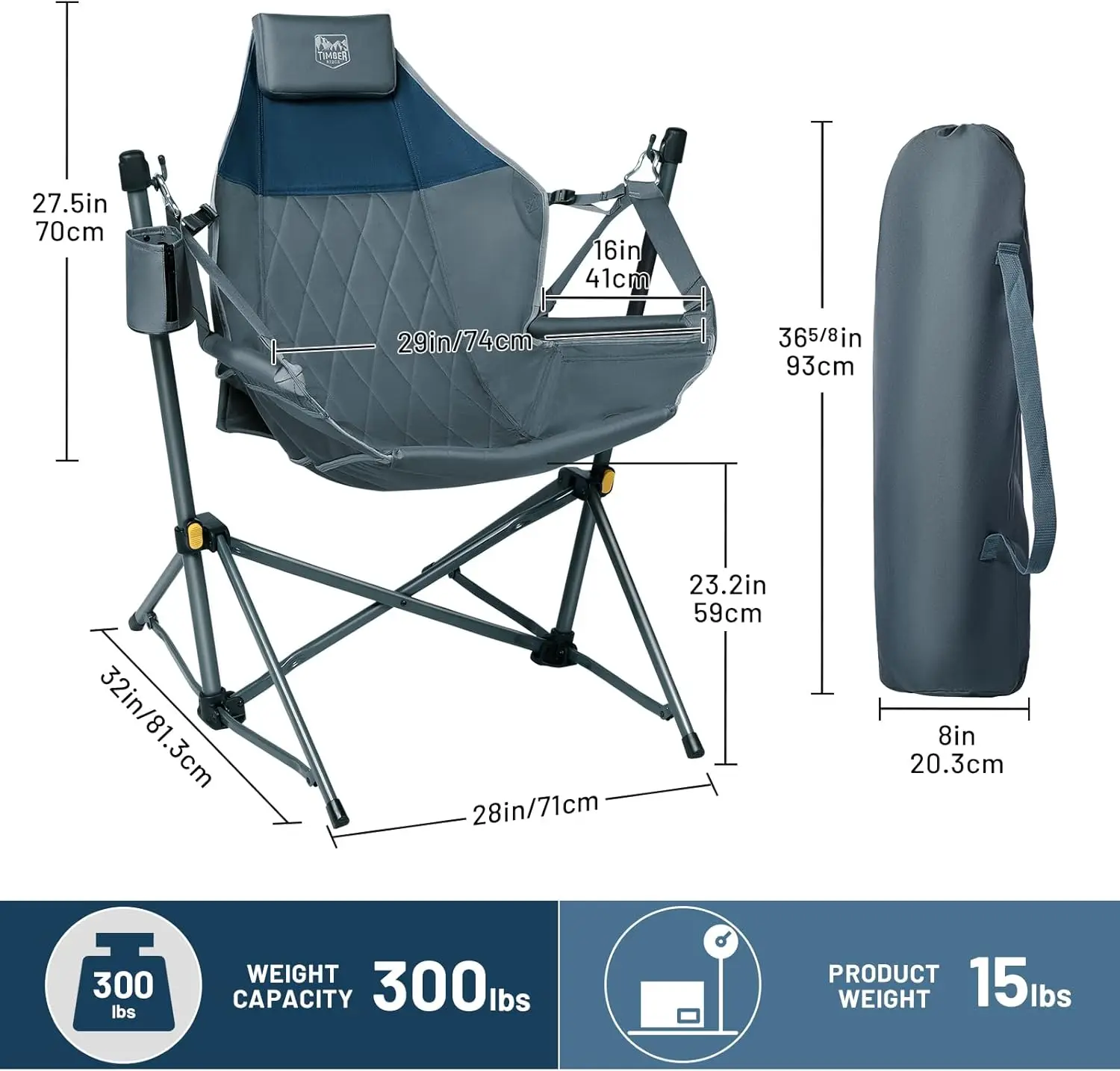 Hammock Camping Chair with Adjustable Backrest, Heavy Duty Folding Hammock Chair Supports 300lbs, Portable Hammock Chair