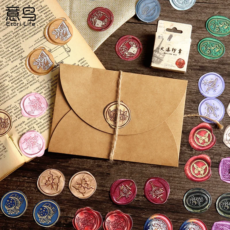 46pcs Vintage Boxed Stickers Fire Paint Seal Decorative Stickers Scrapbooking Label Diary Stationery Album Phone Journal Planner