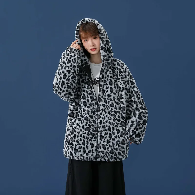 2025 Men\'s Leopard Print Handsome Imitation Mink Hooded Jacket Fleece-Lined Warm