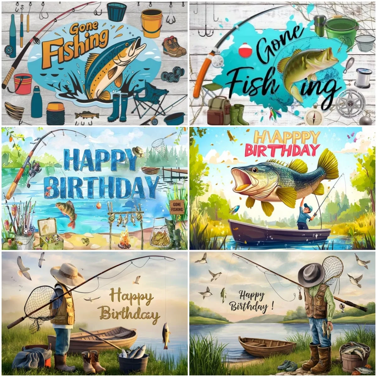 

Gone Fishing Theme Birthday Party Decoration Background Fisherman Party Backdrop Fishing Equipment Lake Boat Photography Props