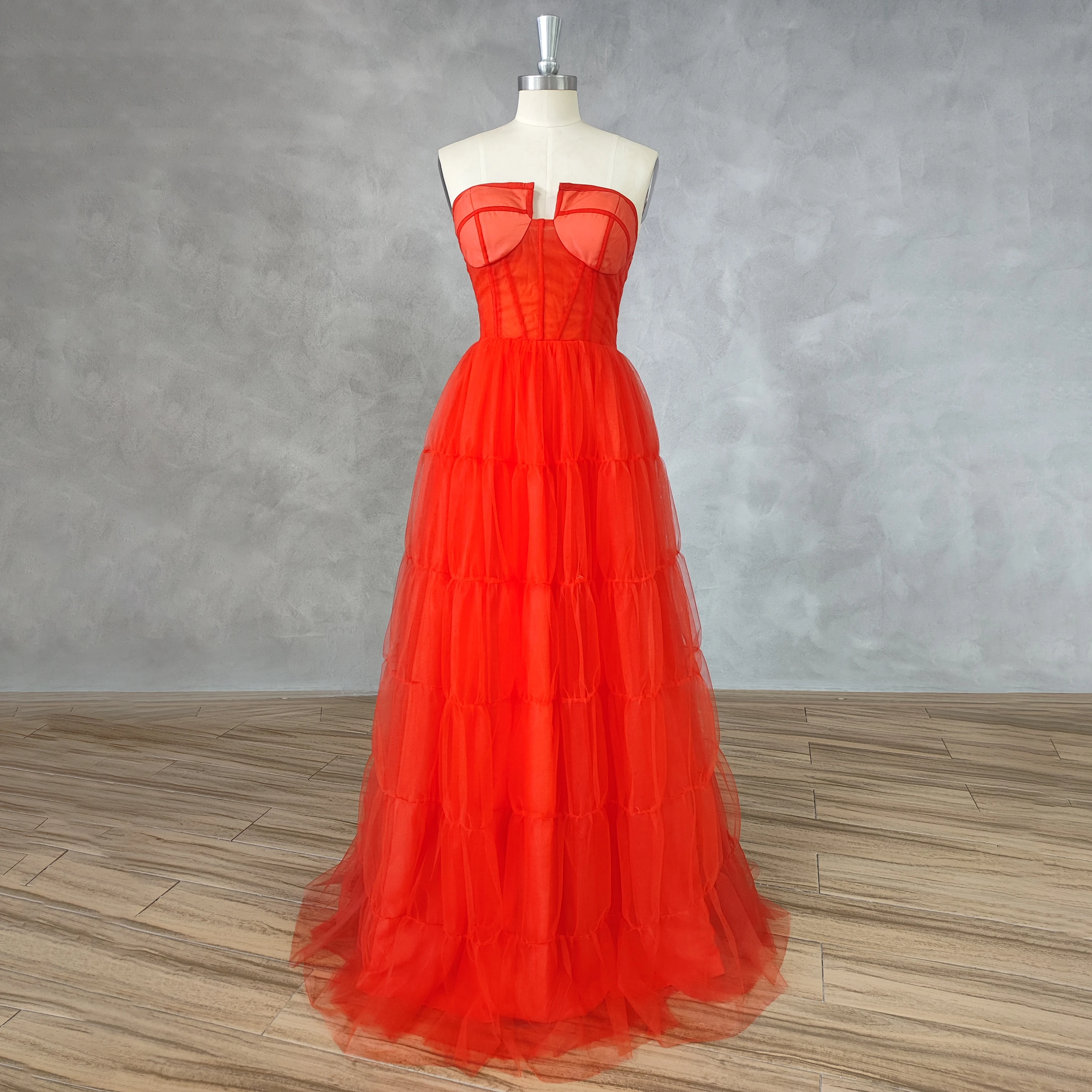 DIDEYTTAWL Real Photos Sleeveless Strapless Tulle Prom Dress A Line Lace Up Back Floor Length Evening Gown Custom Make