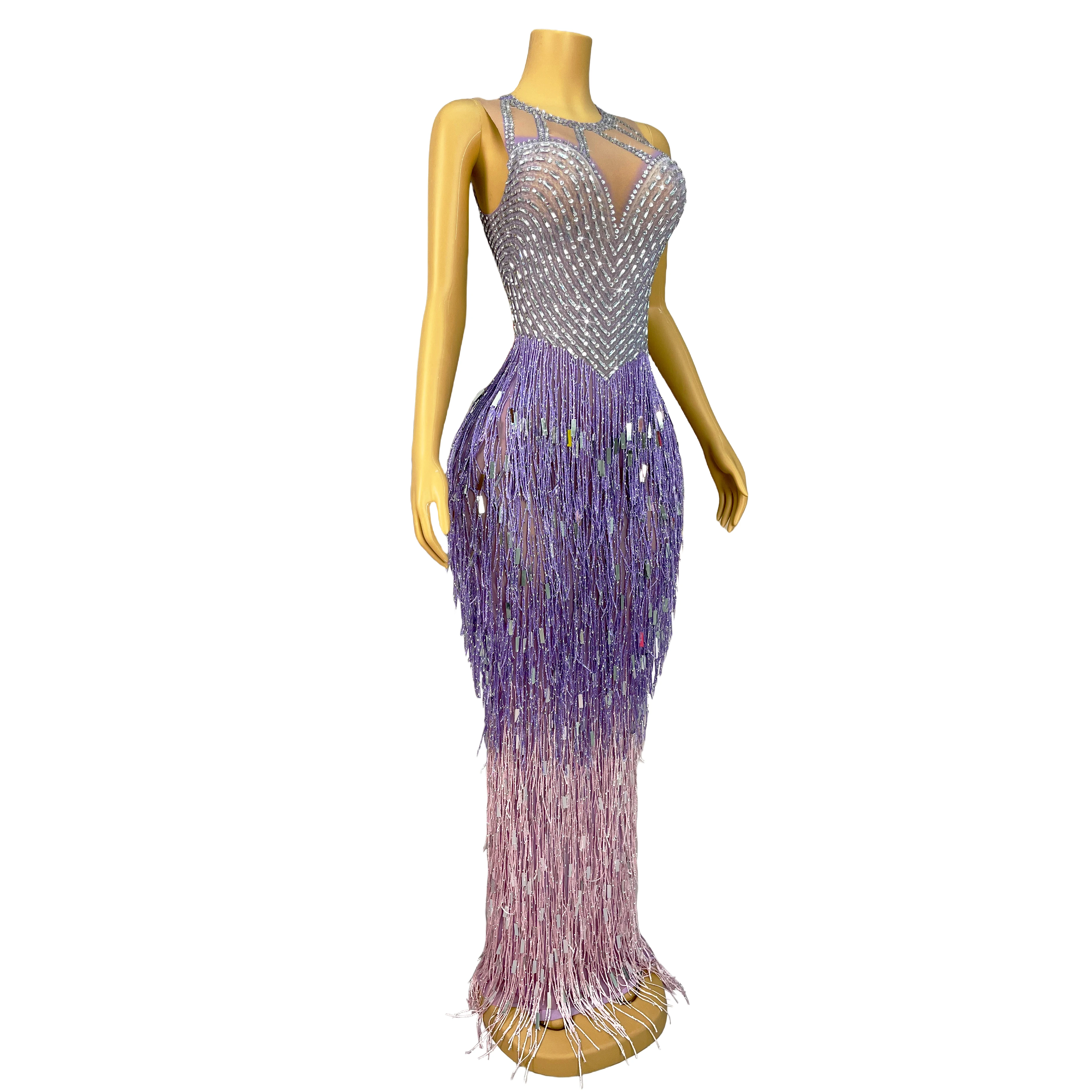 2024 New Luxurious Birthday Celebrate Rhinestones Fringes Dress Sleeveless Purple Pink Tassels Sexy Sequins Collection piaoliu