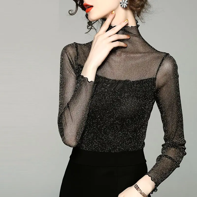 ฤดูใบไม้ผลิฤดูใบไม้ร่วงใหม่สีทึบครึ่งคอยาวแขนยาวเสื้อยืดผู้หญิง High Street Sheer Pullovers Elegant All-match เซ็กซี่ Top