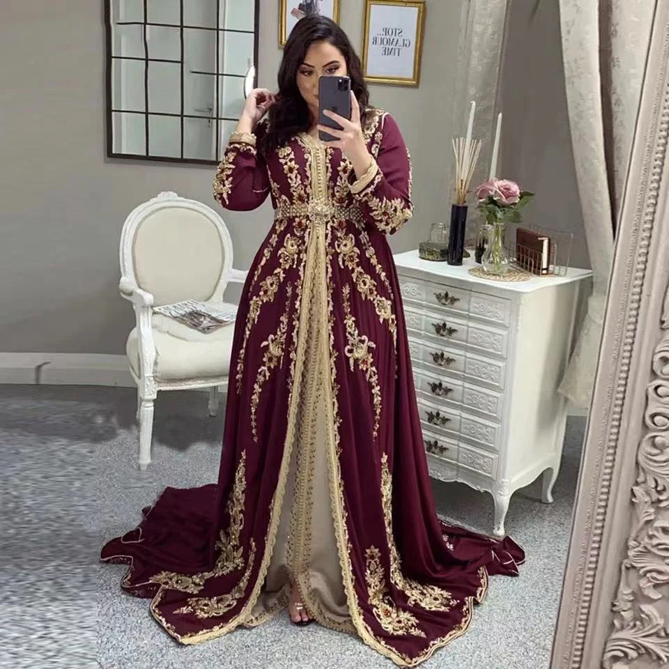 Customized 2025 Burgundy Long Sleeves Moroccan Caftan Evening Dress Elegant Women Formal Gown Applique Robes De Soirée Prom