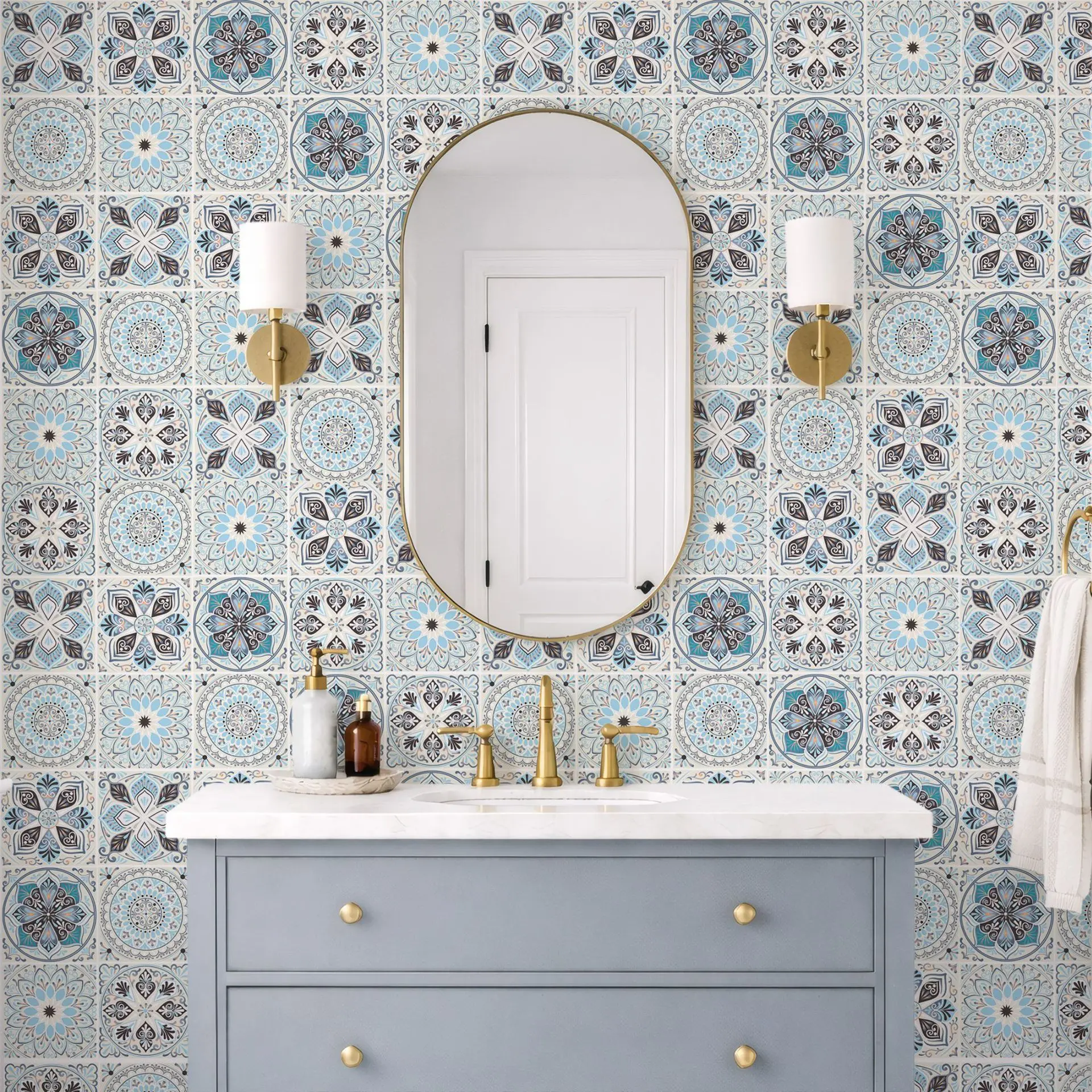 Bohemian Moroccan Tile Stickers Mediterranean Style Waterproof Self Adhesive Wall Decals for Bathroom Kitchen Backsplash Removab