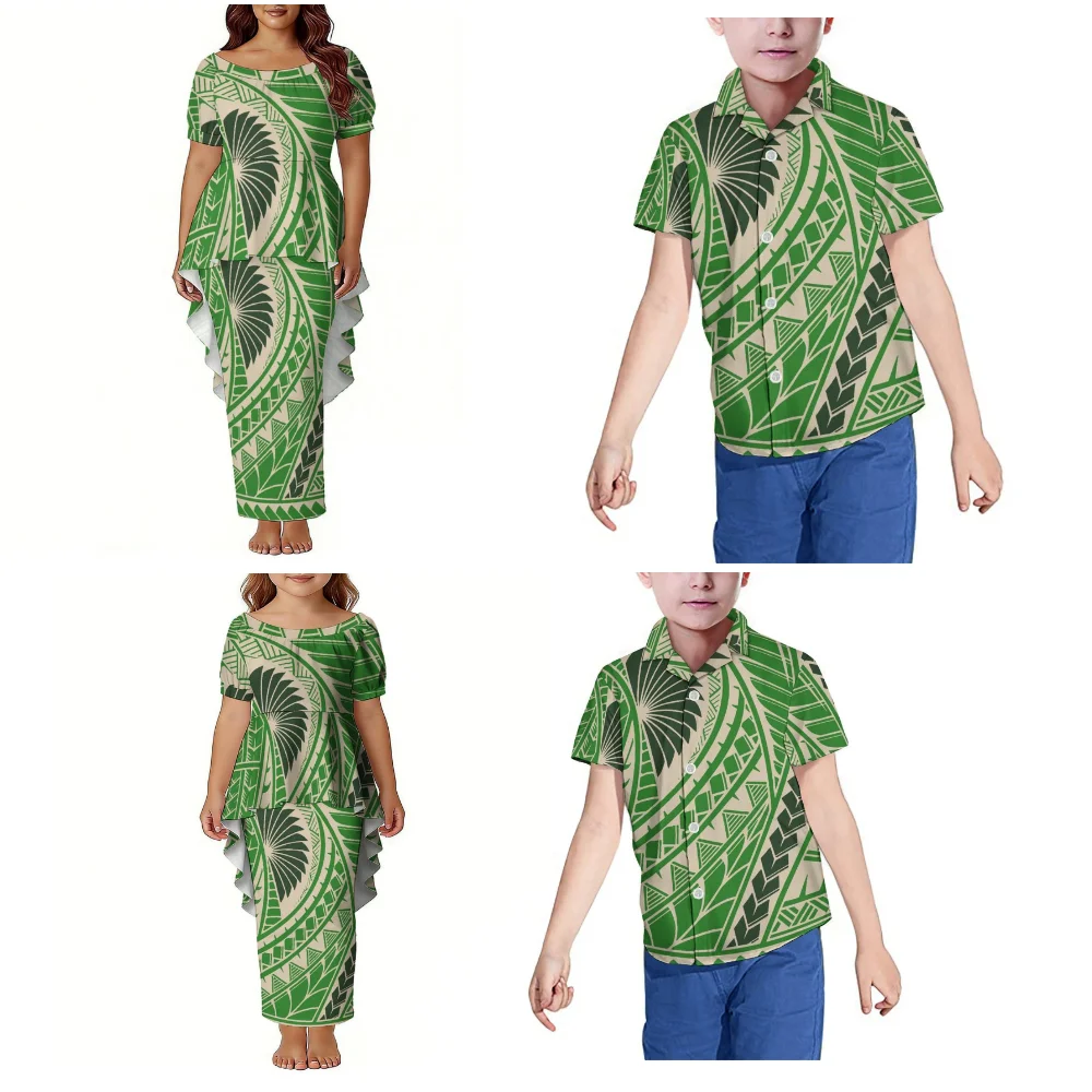 Conjunto Familiar Samoa: Puletasi Feminino de Duas Peças e Camisa Masculina de Praia para Festival Havaiano Polinésio e Traje Noturno