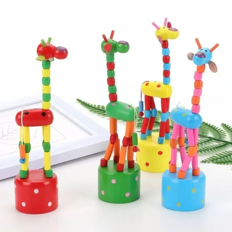 2PCS Cute Colorful Wooden Giraffe Pull Toy Finger Puppets For Kids Swing Dancing Animals Party Favors Bifthday Gifts Boys Girls