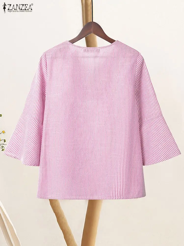 2025 ZANZEA مكتب بلوزة مخططة المرأة الخريف بلايز عادية الخامس الرقبة 3/4 كم Blusas الإناث OL قمصان العمل Mujer قميص كبير الحجم