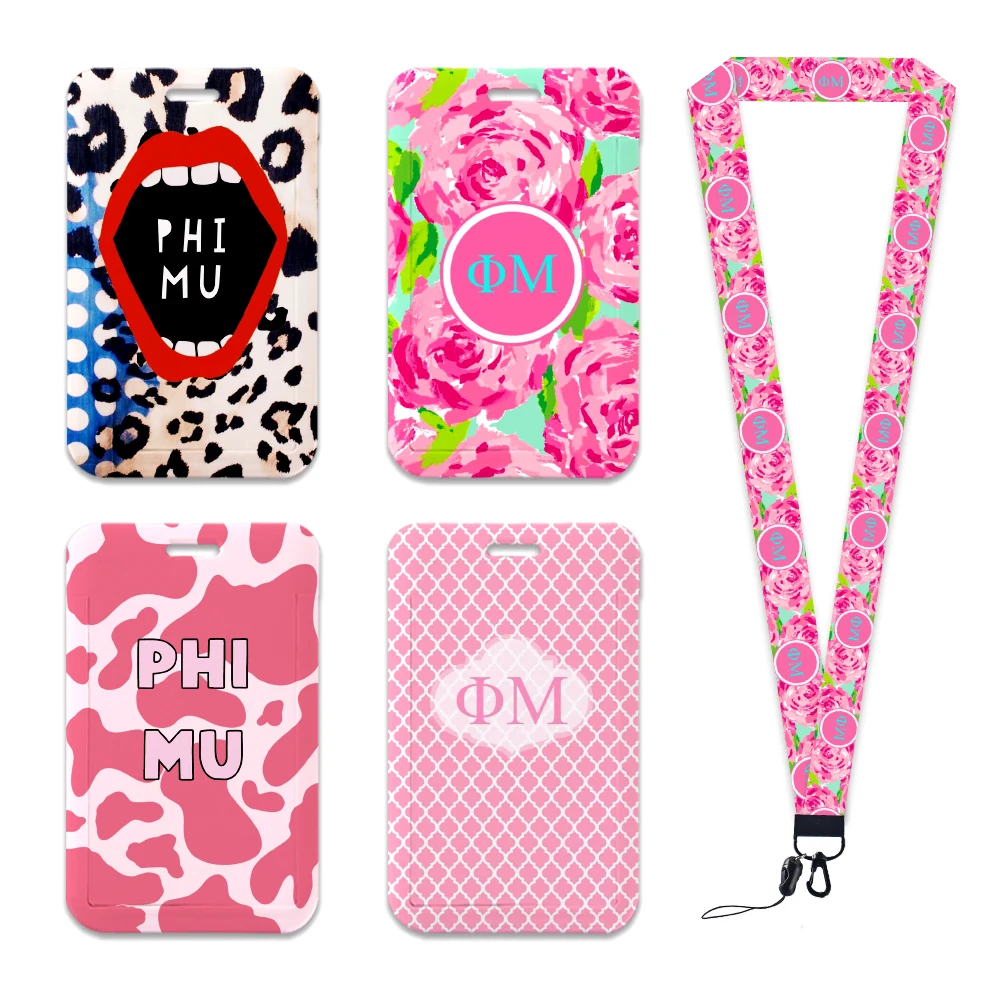 

sodality Phi Mu pink ID Card Holders Lanyard Anime Credit Card Badge Holder Girl Retractable Clip Business Cardholder Key