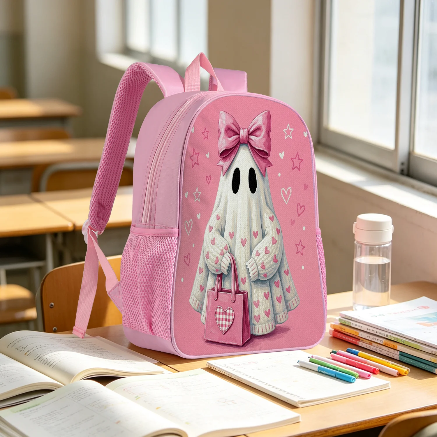 Cute Pink Ghost Backpack Lightweight School Bookbag with Bow Heart Star Bag Print Adjustable Padded Straps
