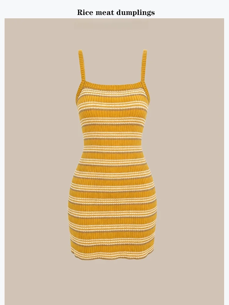 

Sunny Girl 100% Cotton Yellow Striped Knitted Backless Vest Dress Curvy Sensation Summer Fashion Ladies' Slim Fit Wrap Dress