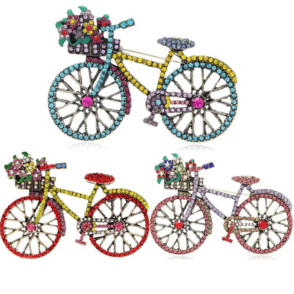 New Arrival Creative Vintage Bicycle Luxury Rhinestone Brooches Pins For Women Men Flower Bike Badges Corsage Jewelry